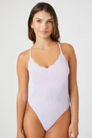 Women's Seamless Lace-Trim Bodysuit in Heather Lavender Small