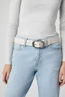 Etched Oval Buckle Belt in Cream/Silver, XS/S