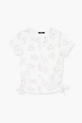 Girls Bear Print Henley Top (Kids) in White, 9/10