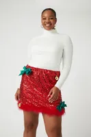 Women's Sequin Ornament Mini Skirt in Red, 4X