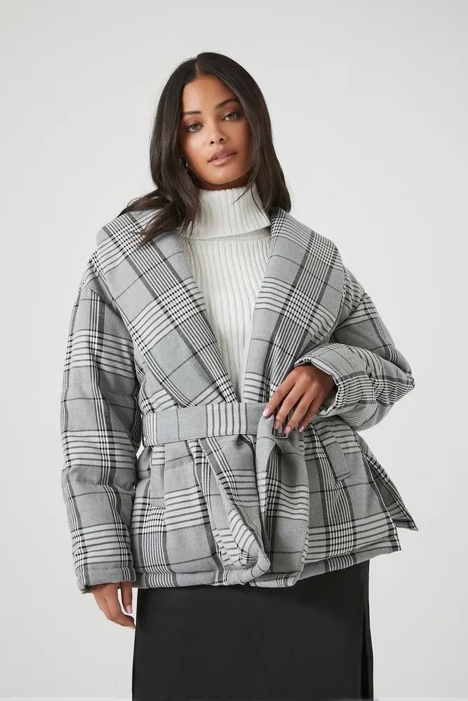 Women's Plaid Belted Wrap Coat in Grey Small