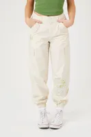 Women's Floral Embroidered Cargo Joggers in Vanilla Medium