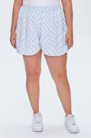 Women's Checkered Print Shorts in Sky Blue/White, 0X