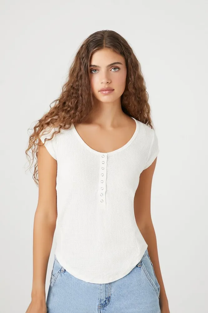 Forever 21 Women's Curved-Hem Thermal Henley Top in White Large