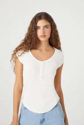 Women's Curved-Hem Thermal Henley Top in White Small