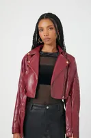 Women's Cropped Faux Leather Moto Jacket in Burgundy, XL