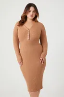 Women's Half-Button Sweater Midi Dress in Chestnut, 2X