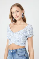 Women's Floral Surplice Tie-Back Crop Top in White Large