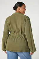 Women's Twill Tie-Waist Shacket in Olive, 1X