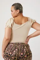 Women's Ruched Puff-Sleeve Crop Top in Beige, 3X