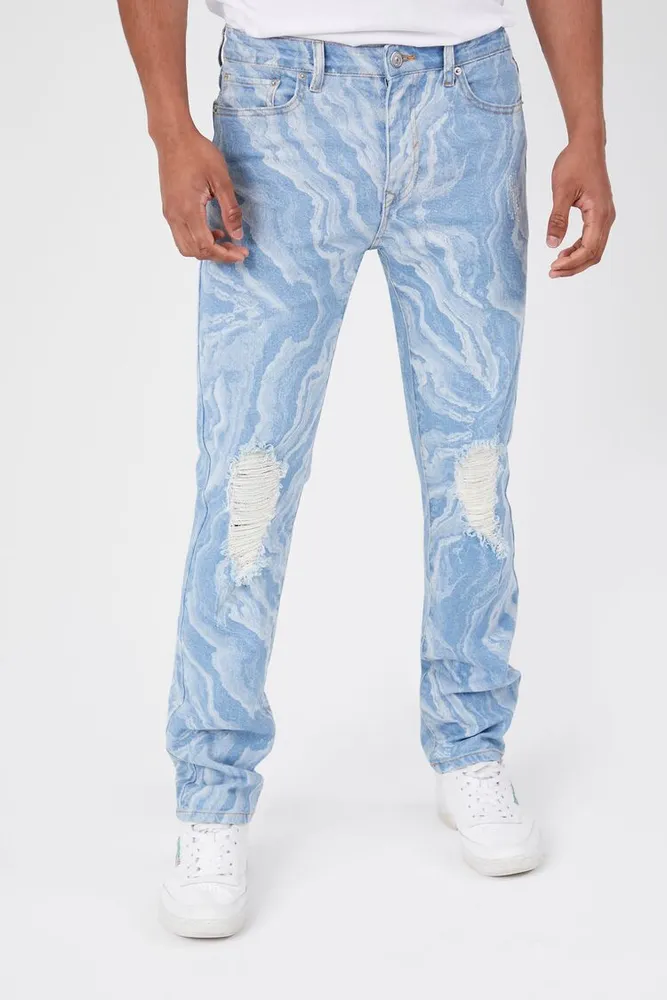 Men Distressed Marble Slim-Fit Jeans in Medium Denim, 33