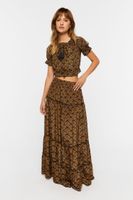 Women's Ornate Print Puff-Sleeve Crop Top in Brown Small