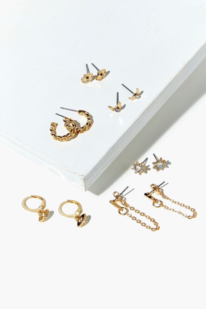 Women's Sun & Moon Stud & Hoop Earring Set in Gold