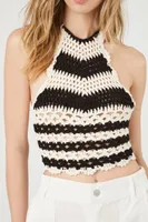 Women's Striped Crochet Sweater-Knit Halter Top in Black/White, XS