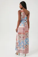 Women's Chiffon Ornate One-Shoulder Maxi Dress in Blue Small