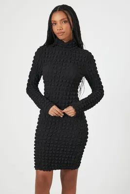 Women's Quilted Mock Neck Mini Dress in Black Medium