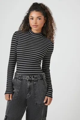 Women's Striped Mock Neck Bodysuit in Black/White, XL