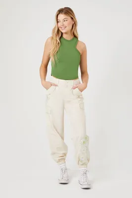 Women's Floral Embroidered Cargo Joggers in Vanilla Medium