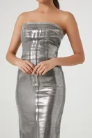 Women's Metallic Denim Midi Tube Dress Silver