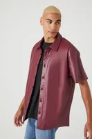 Men Faux Leather Short-Sleeve Shirt in Burgundy Medium