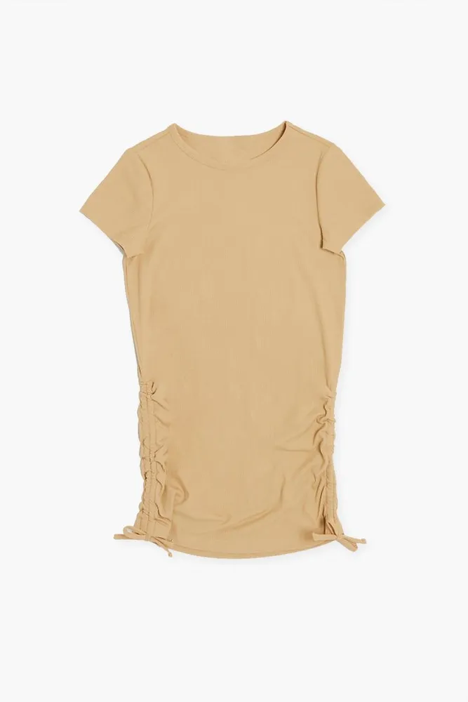 Girls Ruched T-Shirt Dress (Kids) in Tan, 13/14