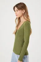 Women's Ribbed Knit V-Neck Sweater in Olive Medium