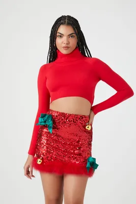 Women's Christmas Bow & Ornament Sequin Mini Skirt in Red, XS