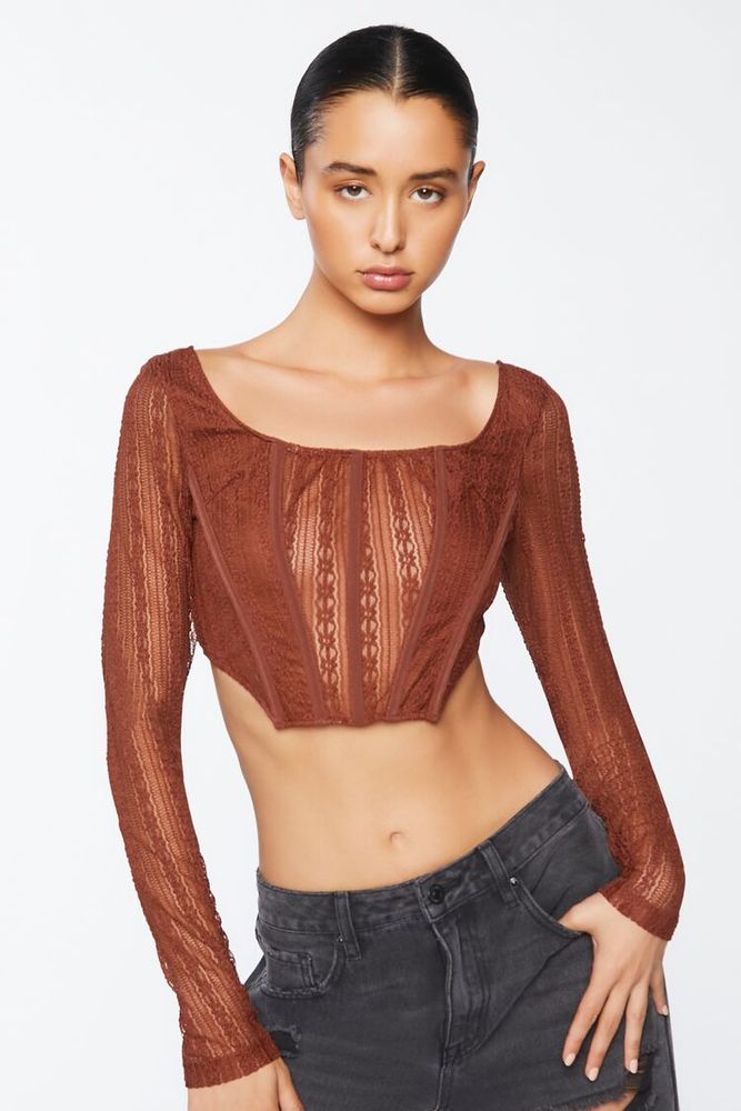 Forever 21 Women's Crochet Lace Long-Sleeve Crop Top in Brown Large