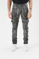 Men Frayed-Trim Skinny Cargo Jeans in Washed Black, 32