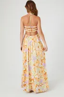 Women's Crepe Floral Print Maxi Dress in Orange Medium