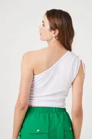 Women's Ruched Drawstring One-Shoulder Top White,