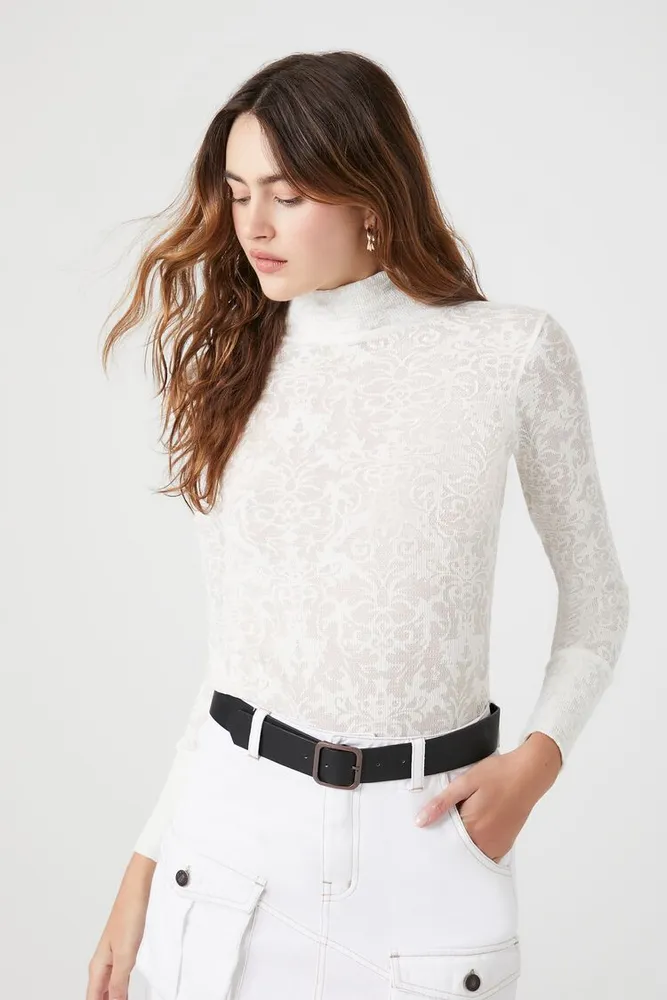 Women's Baroque Print Turtleneck Top White