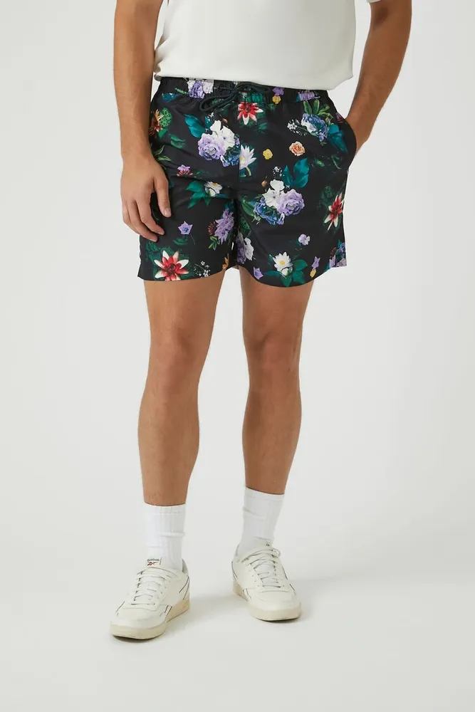 Men Floral Print Swim Trunks in Black Medium