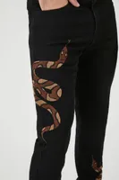 Men Embroidered Snake Slim-Fit Jeans in Black, 32