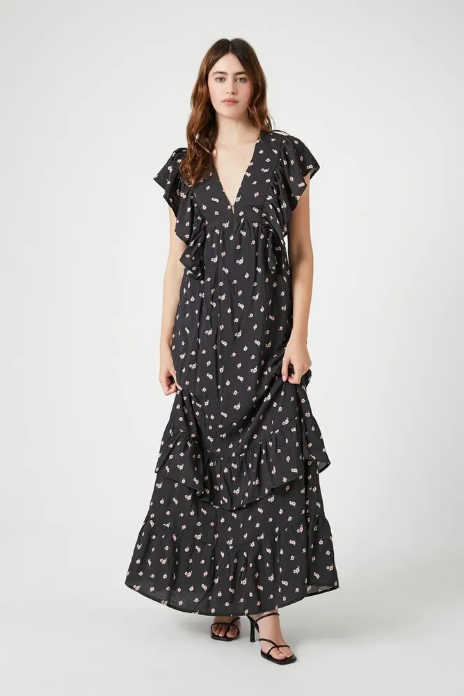 Women's Floral Butterfly-Sleeve Maxi Dress in Black/Pink Small