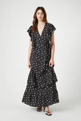 Women's Floral Butterfly-Sleeve Maxi Dress in Black/Pink Large