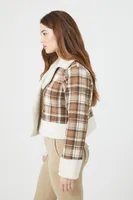 Women's Plaid Cropped Trucker Jacket in Brown Medium