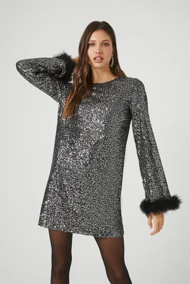 Women's Sequin Feather-Trim Mini Dress Black/Silver