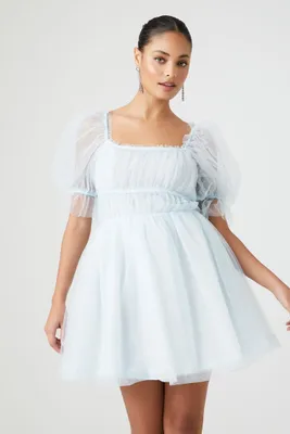 Women's Babydoll Puff-Sleeve Mini Dress in Light Blue Large
