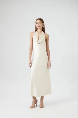 Women's Satin Cowl Halter Gown in Ivory Small