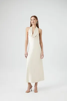 Women's Satin Cowl Halter Gown in Ivory Medium