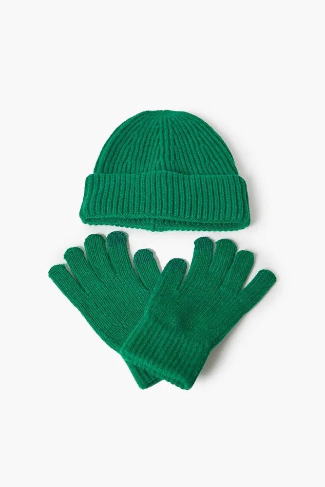 Men Unisex Ribbed Knit Beanie & Gloves Set in Green