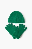 Men Unisex Ribbed Knit Beanie & Gloves Set in Green