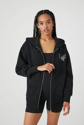 Women's Butterfly Graphic Zip-Up Hoodie in Black Medium