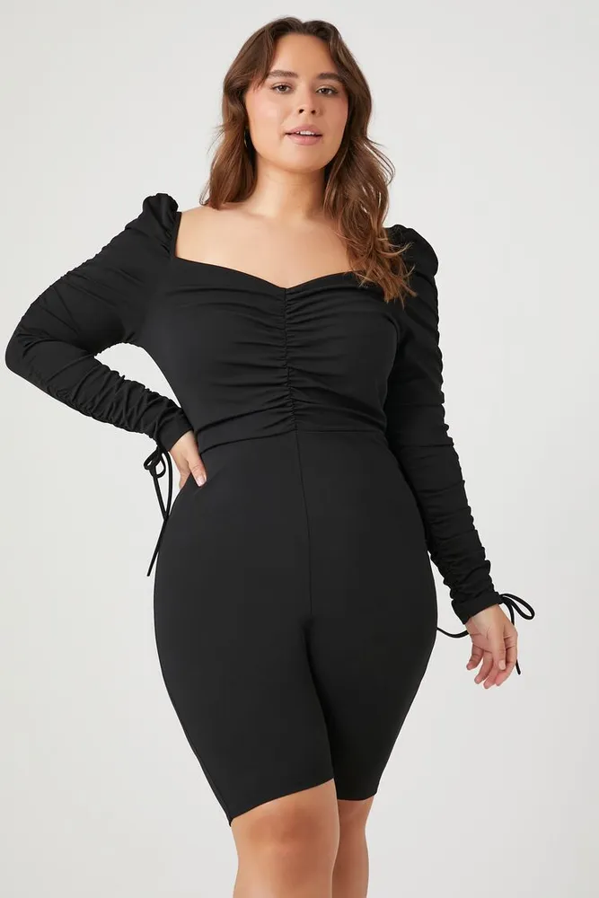 Women's Ruched Long-Sleeve Romper in Black, 2X