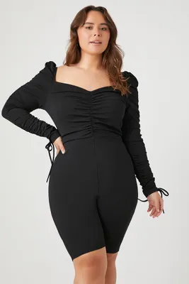 Women's Ruched Long-Sleeve Romper Black,