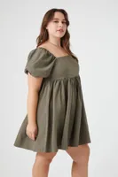 Women's Puff-Sleeve Babydoll Dress in Sage, 0X