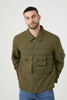 Men Zip-Up Cargo Trucker Jacket in Olive Large