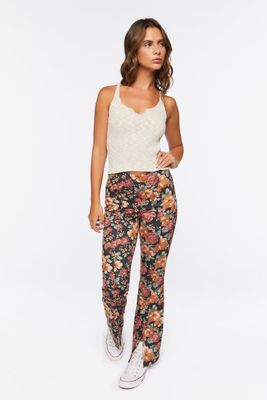 Women's Faux Suede Floral Print Flare Pants in Black Medium