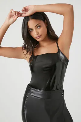 Women's Faux Patent Leather Bodysuit in Black Medium